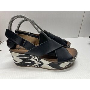 Clarks Stasha Hale Black & White Wedge Sandals Slingback Cross Strap Womens 8.5